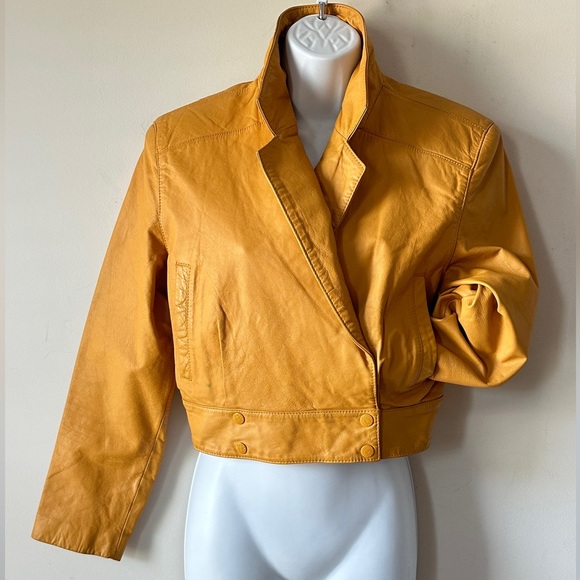 VINTAGE Yellow Cropped Genuine Leather Double Breast Jacket By Yucatan Bay Sz M - Picture 1 of 13